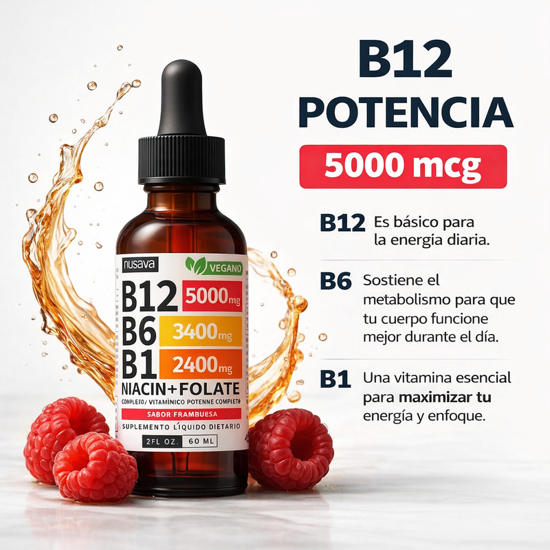 🔥 B12 POWERMAX 🔥 Vitamina B12 Líquida 5000 mcg + B6 – Energía, Cerebro y Corazón al Máximo | Complejo B Sublingual Ultra Potente (27,200 mcg)