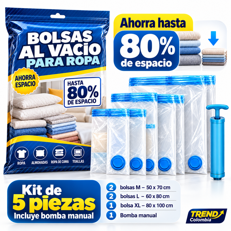 🔥Kit x5 Bolsas al Vacío + Bomba Manual | Ahorra Hasta 80% de Espacio